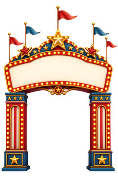 Colorful Illuminated Carnival Entrance Arch With Blank Marquee Sign Flags Stars And Transparent Background