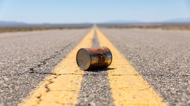 Battered Tin Can on the Centre Line of an Empty Road as Procrastination Metaphor