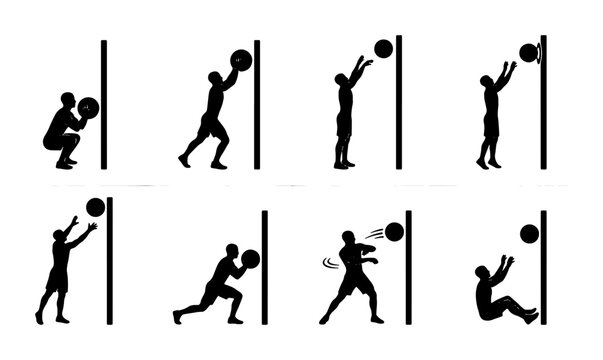 Fitness Exercise Icons, Wall Ball Training Set, Athletic Movement Silhouettes, Sports Workout Vector Graphics