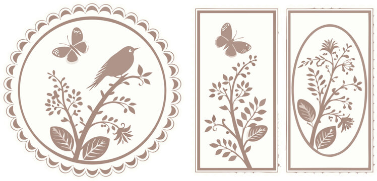 White Lace Decorative Frames Set Vintage Ornamental Oval and Rectangle Borders Vector Illustration.
