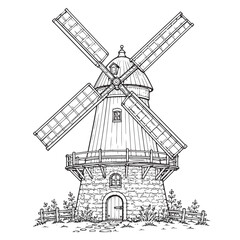 Vintage windmill line art illustration, traditional rustic mill vector sketch, old stone and wood windmill coloring page for adults © Naveed