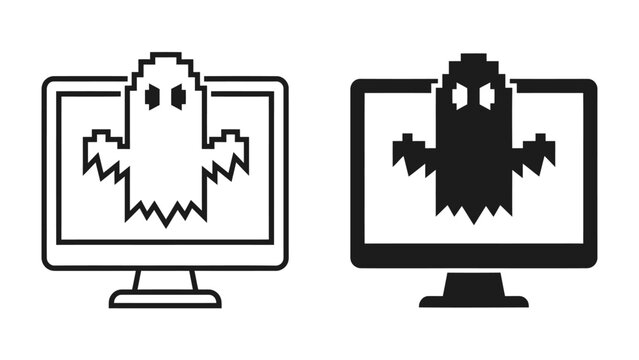 Pixel Ghost on Screen: A pixelated ghost graphic emerges from a computer monitor in two styles, representing digital spookiness and online threats.