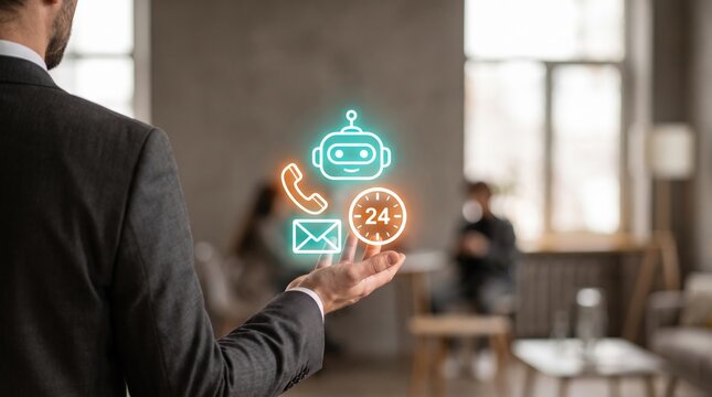 Automated Customer Service Support: Omni Channel CRM Chatbot Assistant, 24 Hours Communication Desk, and Instant Digital Contact Operations Using Neon Tech Icons in Contemporary Corporate Workspace