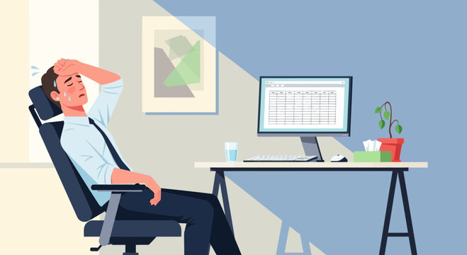 Overworked Employee Feeling Stressed At His Desk During A Long Day At The Office