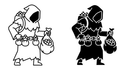 Mysterious figure with bags of treasure: A cloaked, hooded figure stands with a sack of treasures and a pouch, evoking a sense of mystery and bounty. © Nadim