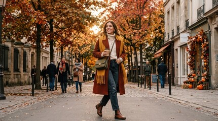 Obraz premium A woman walks down a Parisian street during autumn. She is wearing a cozy outfit with a beige sweater, a mustard-colored scarf, and a long, reddish-brown coat.