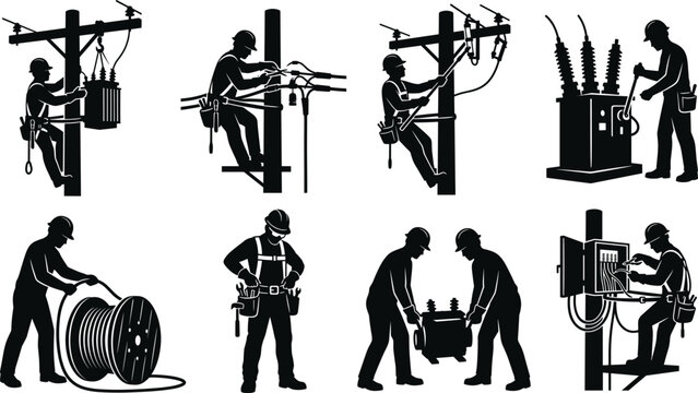 Electrical Utility Worker Silhouette Icon Set Featuring Power Line Maintenance, Equipment Installation, and Safety Gear