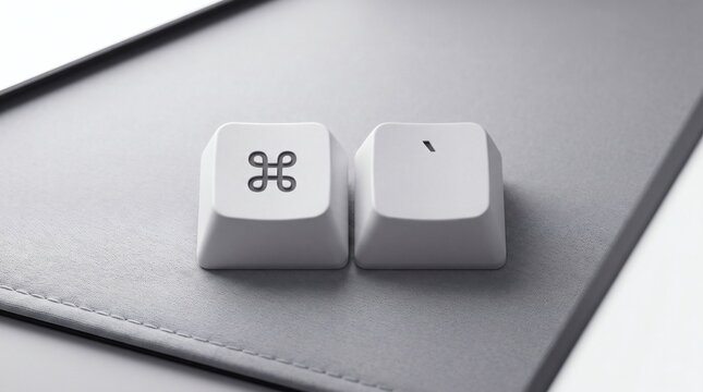 Close-up of Apple Command (⌘) keycap next to a blank keycap on a minimalist gray surface, representing technology and macOS.