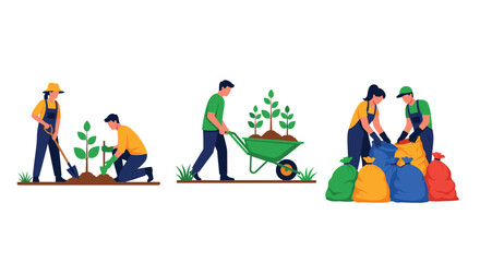 Fototapeta premium People planting trees, moving saplings in a wheelbarrow, and gathering leaves into colorful soil bags.