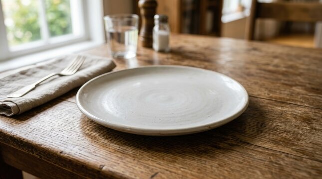 A large, round, white ceramic plate sits on a weathered wooden table. A linen napkin and silverware rest beside the plate.