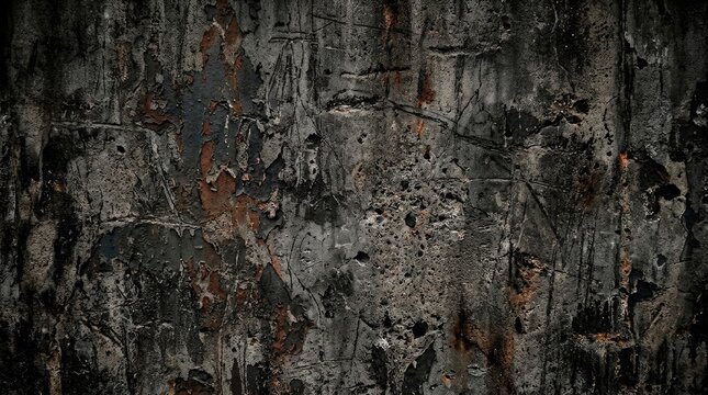 A heavily weathered concrete wall displays extensive damage, including deep cracks, peeling paint, and rust. The surface is dark and textured, with patches of orange rust visible.
