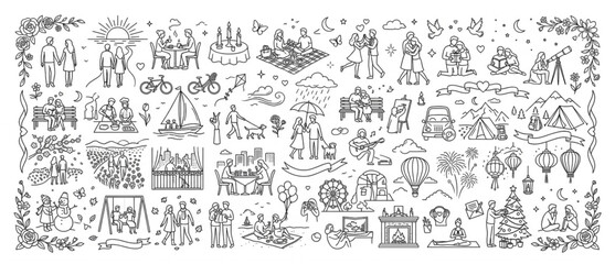 Obraz premium Hand drawn illustration set of couple lifestyle activities and romantic moments in outline style with lifestyle romantic activities illustration togetherness relationship vacation adventure