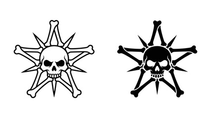 Skull and Crossbones Star Emblem: A striking graphic design featuring a skull and crossbones arranged in a star formation, presented in both outline and solid black versions. © Ahsan