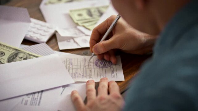 A businessman signs a check with a stamp, surrounded by piles of dollar bills and sealed envelopes, depicting a small-business cash transaction and the routine of processing payments