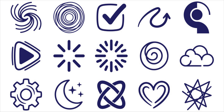 Minimalist navy blue vector icon set featuring geometric shapes and interface symbols for digital web design projects