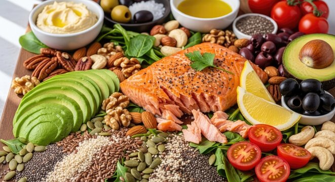 A salmon fillet rests on a wooden board surrounded by a variety of healthy foods. The salmon is topped with sesame seeds and a dollop of tahini.