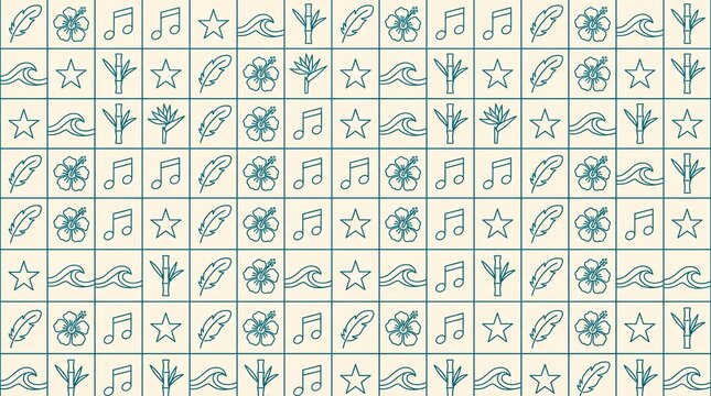 Caribbean Carnival Seamless Pattern Feathers Tropical Flowers Music Notes Waves Surface Design