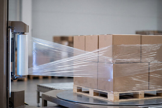 Stretch wrapping machine wraps a pallet stacked with cardboard boxes in plastic film inside a warehouse.