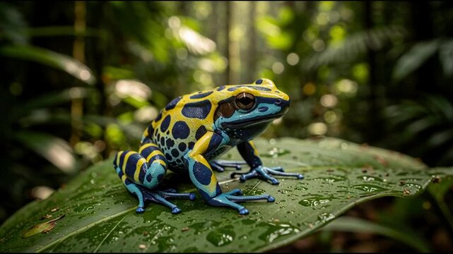 Blue and yellow poison dart frog sitting on a wet rainforest leaf