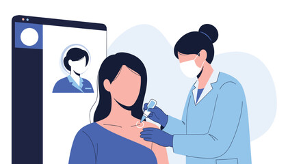 Fototapeta premium Dermatologist checking patient skin moles or performing laser therapy on shoulder during a telehealth online consultation.