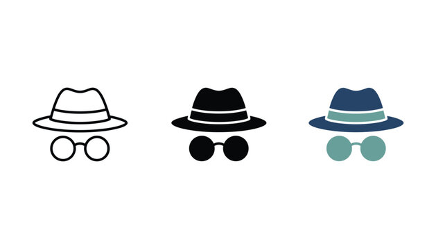 Incognito hat and glasses icon set in three styles including outline and solid black and blue green color variants for privacy and anonymous browsing and security web design
