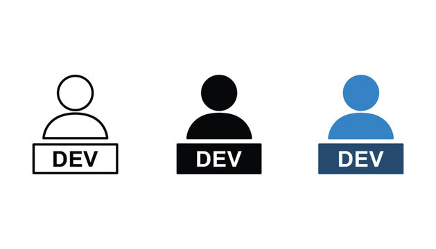 Developer user profile icon set in three styles including outline and solid black and blue color variants for software engineering and programming platform user interface design