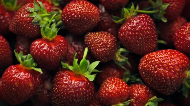 A camera slider smoothly glides over a vibrant display of ripe red strawberries with fresh green leaves, showcasing their juiciness and freshness under soft lighting, capturing a summer harvest scene