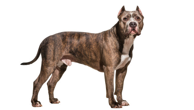 Brindle American Pit Bull Terrier standing profile view