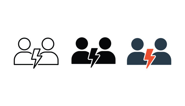 People icon with lightning bolt representing conflict and interpersonal tension in professional flat vector style for human resources and organizational management communication