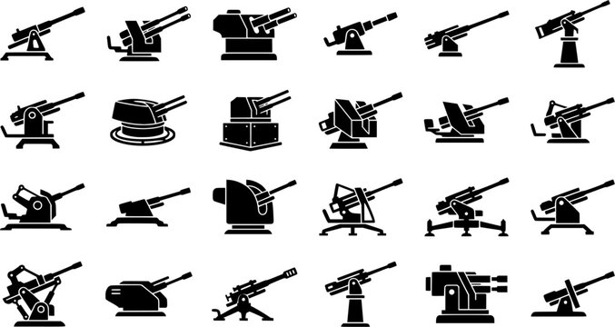 Anti Aircraft Gun Icon Set Isolated on White Background &ndash; Military Air Defense Cannon and Artillery Weapon Vector Silhouettes