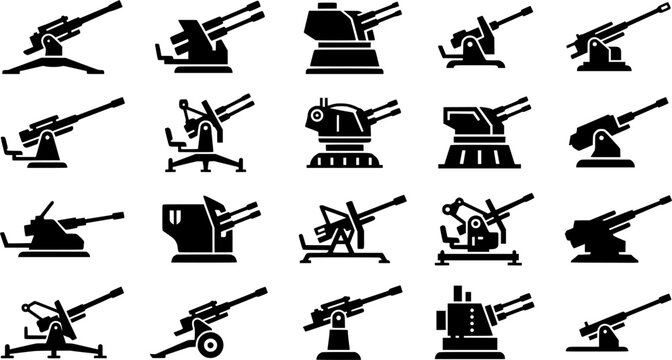 Anti Aircraft Gun Icon Set Isolated on White Background &ndash; Military Air Defense Cannon and Artillery Weapon Vector Silhouettes