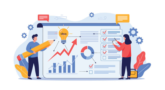 Creative team working together to analyze data and brainstorm new ideas on a large interactive dashboard with business charts and graphs.