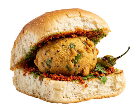 A delicious Indian street food vada pav on a white background isolated on a transparent background