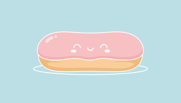Cute cartoon pink iced eclair character with a sweet smiling face on a soft blue background vector illustration.