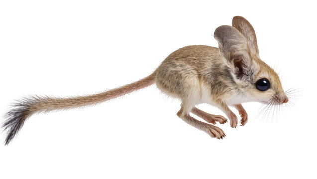 Jerboa rodent with large ears and long tail on white