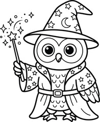 Obraz premium Wise owl wizard with magic wand casting spells, wearing wizard hat and robe.