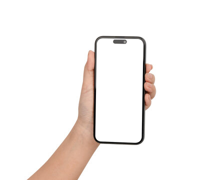 An isolated front view of a person's hand holding a sleek black smartphone featuring a completely blank white mockup screen. Set against a clean white background, this image is perfect for showcasing 