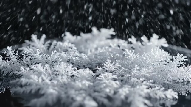 Snowfall overlay with macro ice crystals falling on a dark surface