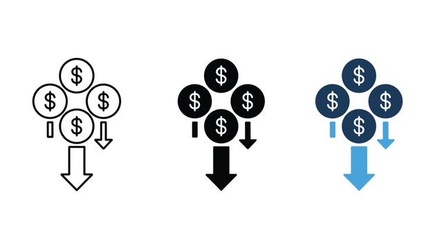 Financial loss or budget decrease concept icon set with dollar signs and downward arrows representing economic decline in three professional graphic design styles