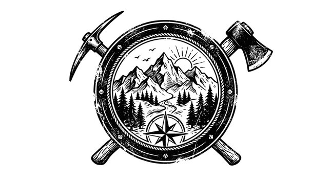 Circular adventure emblem with crossed axe and pickaxe.