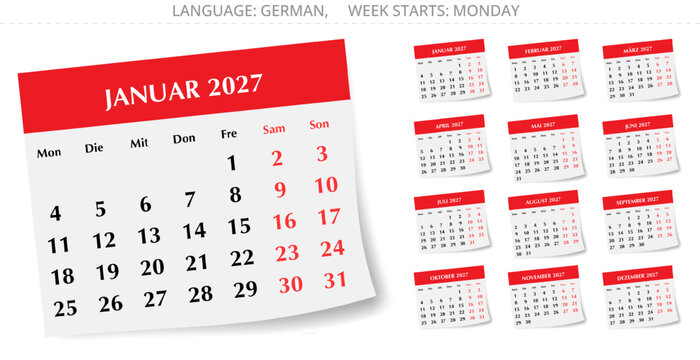 2027 german calendar kalender collection with red monthly cards