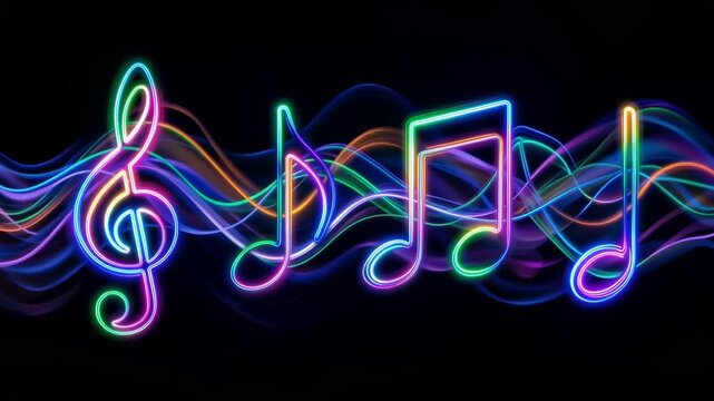 Glowing musical symbols floating across dark black backdrop, rhythmic energy, seamless looping motion graphics, 4K video
