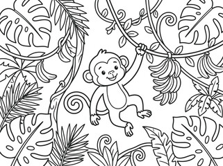 Fototapeta premium Jungle theme coloring page with cute monkey swinging on vine surrounded by tropical leaves.
