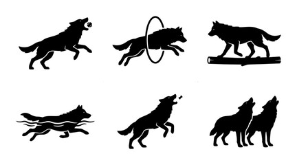 Obraz premium Wolf Silhouettes Collection: Dynamic Poses, Wild Animal Icons, Nature Graphics, Vector Art for Wildlife Themes