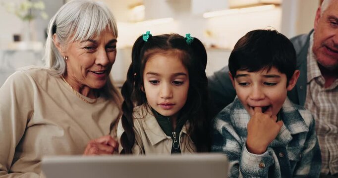 Game, grandparents or kids in lounge with tablet, bonding activity or happy moment in online playing. Love, smile or grandchildren in home with tech, digital puzzle or fun hobby in family connection.