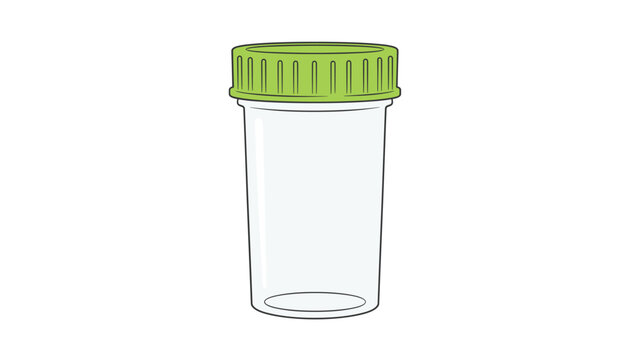 Plastic medical urine or stool specimen container jar with a green screw cap, isolated on a white background.