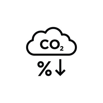 Carbon dioxide cloud icon with percentage symbol and downward arrow on a white background co2 sign percent glyph black