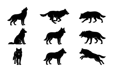 Obraz premium Wolf Silhouettes Collection, Canine Animal Poses Vector Set, Wild Nature Wildlife Graphic Elements, Black and White Iconography