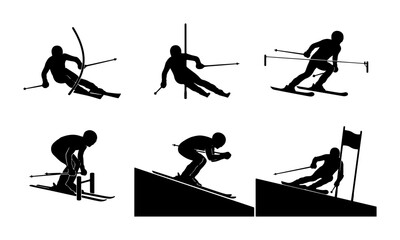Fototapeta premium Dynamic Skiing Silhouettes Collection, Alpine Sport Action Poses, Winter Race Graphics, Vector Set for Sports Design