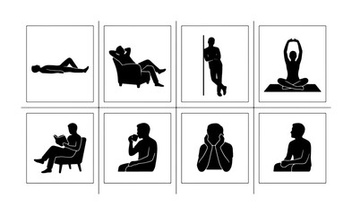 Fototapeta premium Relaxation Poses Vector Icons, Human Silhouette Collection for Leisure and Rest, Simple Black and White Graphics for Lifestyle Concepts